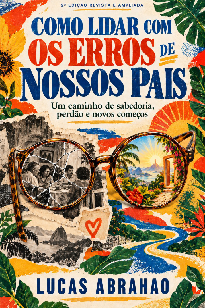 Capa de Como lidar com os erros de nossos pais: óculos com uma lente quebrada e outra renovada, cercados de vegetação tropical